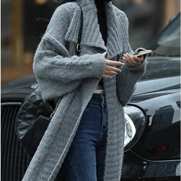 195. Gray Chunky Grey Duster Cardigan Coat Long Cable With Fuzzy Sweater - Picture 6 of 8